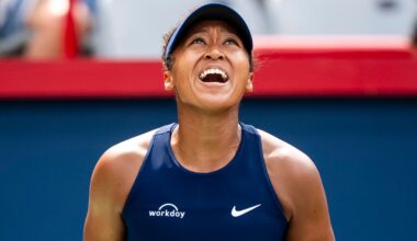 Naomi Osaka celebrates winning a point in Montreal (Christopher Katsarov/The Canadian Press via AP)