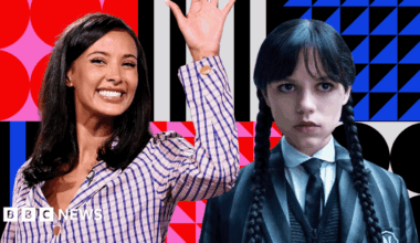 A composite image of Maya Jama and the Wednesday Adams character