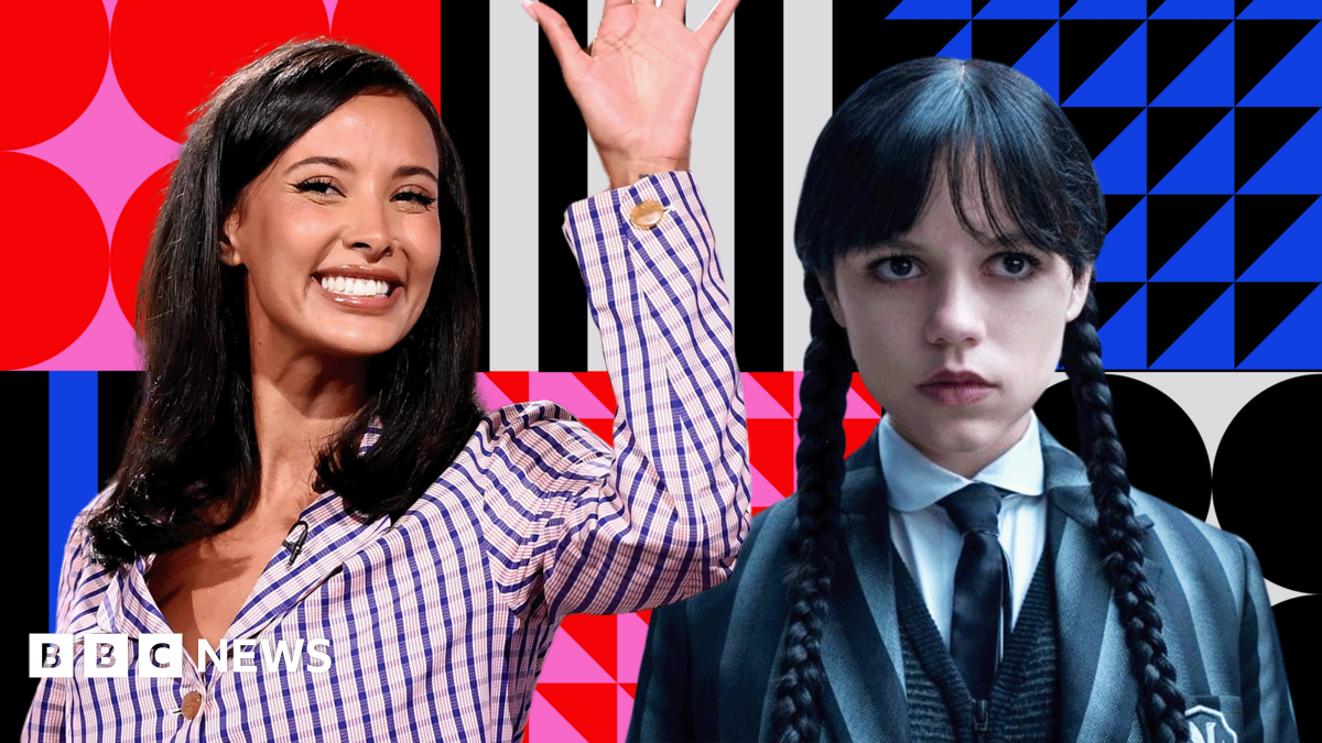 A composite image of Maya Jama and the Wednesday Adams character