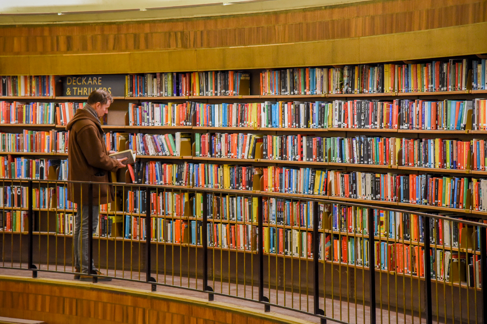 man, public, library, books, reading
