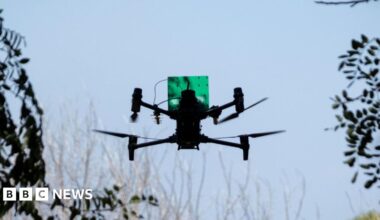 A Ukrainian FPV drone flies before an attack mission on a frontline in the Donetsk region in Ukraine