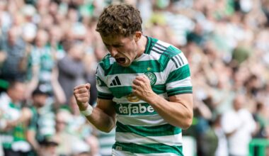 GLASGOW, SCOTLAND - AUGUST 03: Celtic's Luke McCowan celebrates scoring to make it 1-0 during a William Hill Premiership match between Celtic and St Mirren at Celtic Park, on August 03, 2025, in Glasgow, Scotland. (Photo by Craig Foy / SNS Group)