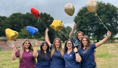 Miah Worley, Zoe Knowlton, Samantha Pizzey, Gemma Salmon, Roni Jones and Siobhan Mills celebrating the award at the office in Hadnall.