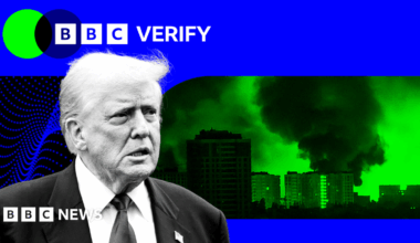 Donald Trump imposed over the BBC Verify colours and branding. Beside him is a cut out of a strike on the Ukrainian capital Kyiv.