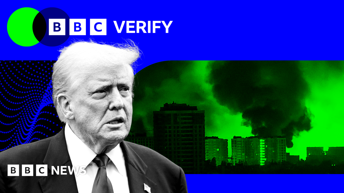 Donald Trump imposed over the BBC Verify colours and branding. Beside him is a cut out of a strike on the Ukrainian capital Kyiv.