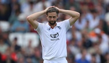 Chris Woakes of England reacts during Day One of the 5th Rothesay Test Match between England and India at The Kia Oval on July 31, 2025 in London, England