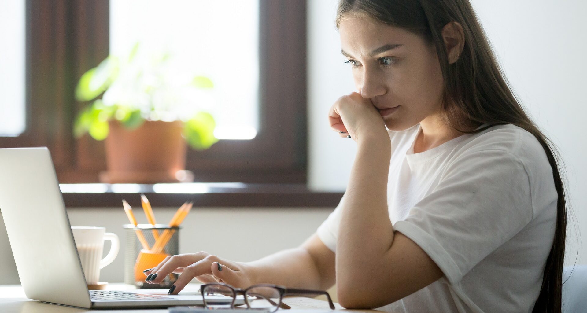 Concerned female thinking of problem solution stock photo