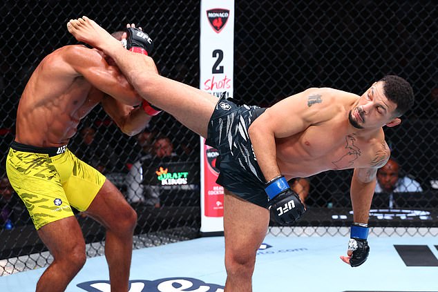CHICAGO, ILLINOIS - AUGUST 16: (R-L) Drakkar Klose kicks Edson Barboza of Brazil in a lightweight fight during the UFC 319 event at the United Center on August 16, 2025 in Chicago, Illinois. (Photo by Ed Mulholland/Zuffa LLC)