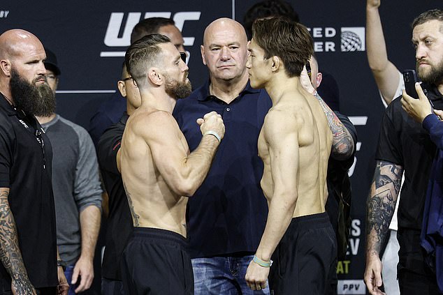 Aug 15, 2025; Chicago, Illinois, UNITED STATES; Tim Elliott and Kai Asakura during weigh ins for UFC 319 at Radius Chicago. Mandatory Credit: Kamil Krzaczynski-Imagn Images
