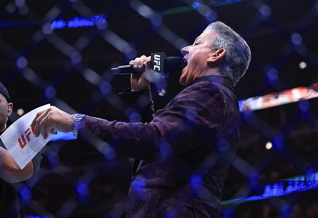 CHICAGO, ILLINOIS - AUGUST 16: Bruce Buffer yells while announcing a flyweight bout between Tim Elliott of the United States and Kai Asakura of Japan during UFC 319 at the United Center on August 16, 2025 in Chicago, Illinois. (Photo by Geoff Stellfox/Getty Images)