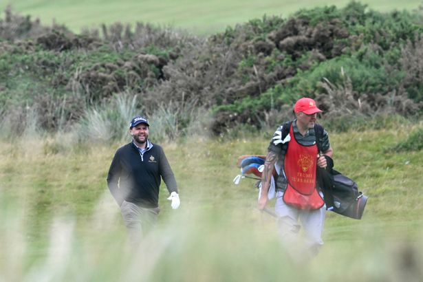 US Vice President JD Vance (L) playing a round of golf on the Alisa Course at the Trump Turnberry Golf courses