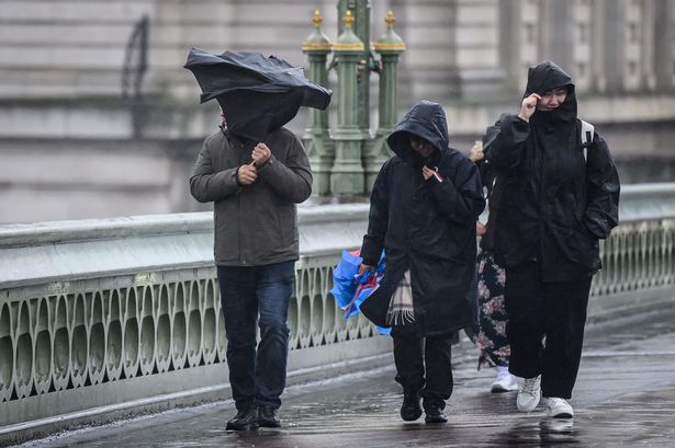 A group of people are battered by strong winds