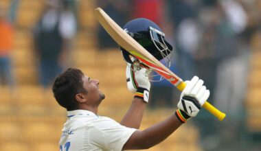 Sarfaraz Khan of India celebrates scoring a century during day four of the First Test match between India and New Zealand at M. Chinnaswamy Stadium on October 19, 2024 in Bengaluru, India