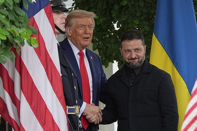 President Donald Trump greets Ukraine's President Volodymyr Zelenskyy at the White House, Monday, Aug. 18, 2025, in Washington. (AP Photo/Julia Demaree Nikhinson)