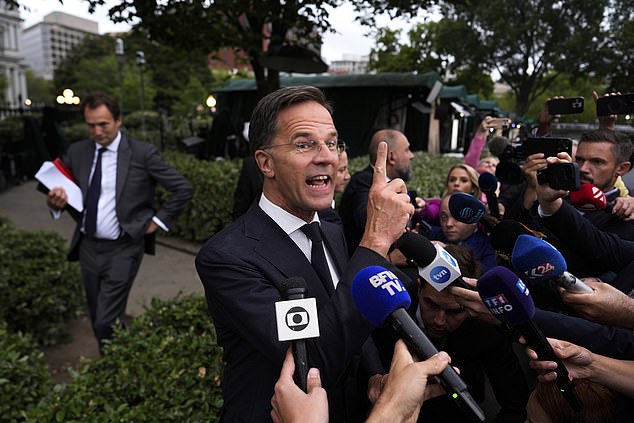 NATO Secretary General Mark Rutte speaks with reporters at the White House, Monday, Aug. 18, 2025, in Washington. (AP Photo/Julia Demaree Nikhinson)