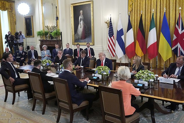 President Donald Trump, center, speaks as from foreground right, European Commission President Ursula von der Leyen, Finland's President Alexander Stubb, Ukrainian President Volodymyr Zelenskyy, NATO Secretary General Mark Rutte, and from center right, Germany's Chancellor Friedrich Merz, Italy's Prime Minister Giorgia Meloni, France's President Emmanuel Macron and British Prime Minister Keir Starmer participate in a meeting as Vice President JD Vance, from background right, Secretary of State Marco Rubio, Treasury Secretary Scott Bessent, Defense Secretary Pete Hegseth, White House Chief of Staff Susie Wiles and Special Presidential Envoy Steve Witkoff listen in the East Room of the White House, Monday, Aug. 18, 2025, in Washington. (AP Photo/Alex Brandon)