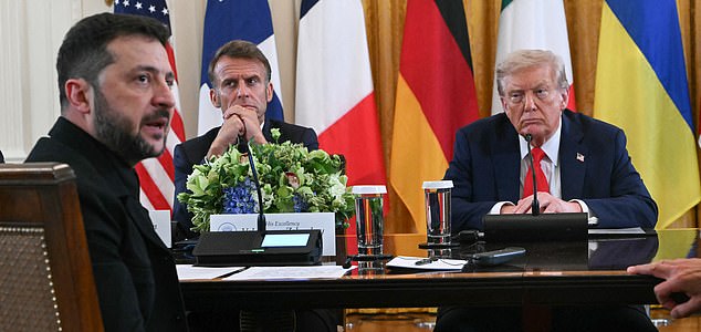 (L/R) Ukrainian President Volodymyr Zelensky speaks as French President Emmanuel Macron and US President Donald Trump listen during a meeting with European leaders in the East Room of the White House in Washington, DC, on August 18, 2025. European leaders join Ukrainian President Volodymyr Zelensky in talks with US President Donald Trump on August 18, as they try to find a way to end Russia's offensive.  The leaders heading to Washington on Monday to appear alongside Zelensky call themselves the "coalition of the willing." (Photo by ANDREW CABALLERO-REYNOLDS / AFP) (Photo by ANDREW CABALLERO-REYNOLDS/AFP via Getty Images)