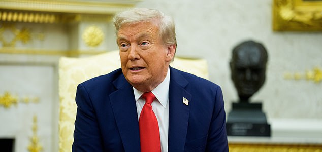 Mandatory Credit: Photo by Shutterstock (15446655bf) United States President Donald J Trump as he meets President Volodymyr Zelenskyy of Ukraine (not pictured) in the Oval Office of the White House in Washington, DC, USA,. European Leaders are at the White House in support of President Zelenskyy following President Trump's meeting with President Vladimir Putin of Russia in Anchorage, Alaska, USA, on Friday,. Trump Meets President Zelenskyy of Ukraine and European Leaders, Washington, District of Columbia, USA - 18 Aug 2025