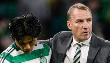 Celtic manager Brendan Rodgers (R) and Reo Hatate at full time