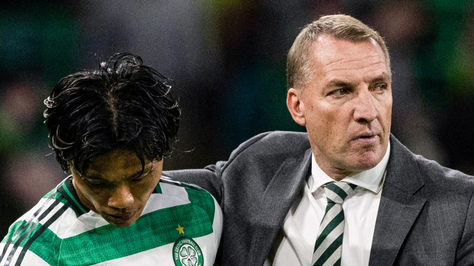 Celtic manager Brendan Rodgers (R) and Reo Hatate at full time