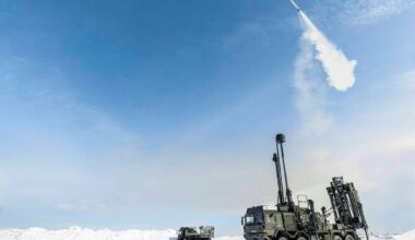 Trials of the Land Ceptor weapon close to the Baltic Sea on a Swedish test fire range, with video footage showing a missile being launched from a vehicle and destroying an aerial target