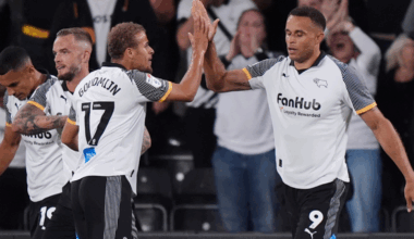 Derby County's Carlton Morris (right) celebrates scoring their side's first goal