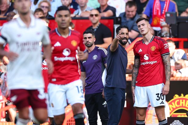 Ruben Amorim the head coach / manager of Manchester United instructs Benjamin Sesko of Manchester United as he comes on  during the Premier League match between Manchester United and Arsenal at Old Trafford on August 17, 2025