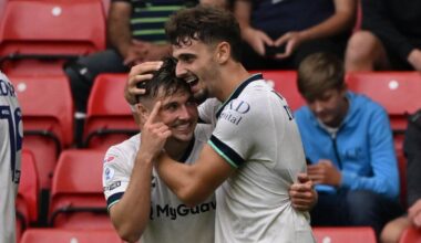 Luke Cundle celebrates with team-mate Mihailo Ivanovic after giving Millwall the lead at Sheffield United