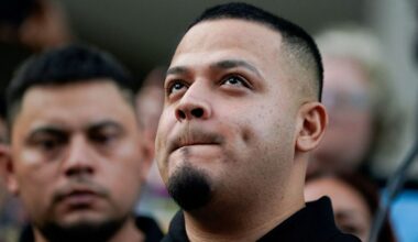 An emotional Kilmar Abrego Garcia appears outside the ICE Baltimore field office on 25 August 2025. Pic: Reuters