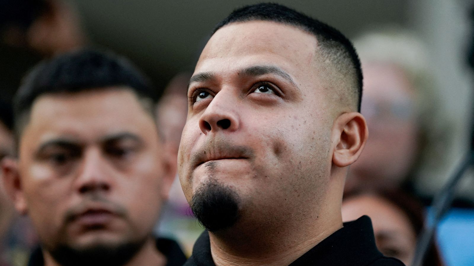 An emotional Kilmar Abrego Garcia appears outside the ICE Baltimore field office on 25 August 2025. Pic: Reuters
