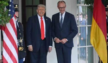 June 5: U.S. President Donald Trump (left) greets German Chancellor Friedrich Merz (right) at the White House.