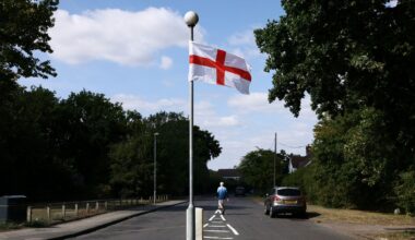 The St George's flag hangs from a lamppost in Harlow. Pic: Reuters