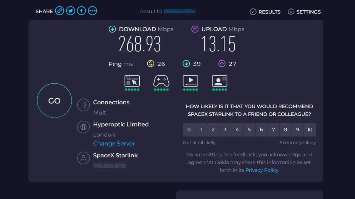Starlink internet speed test download and upload results screenshot