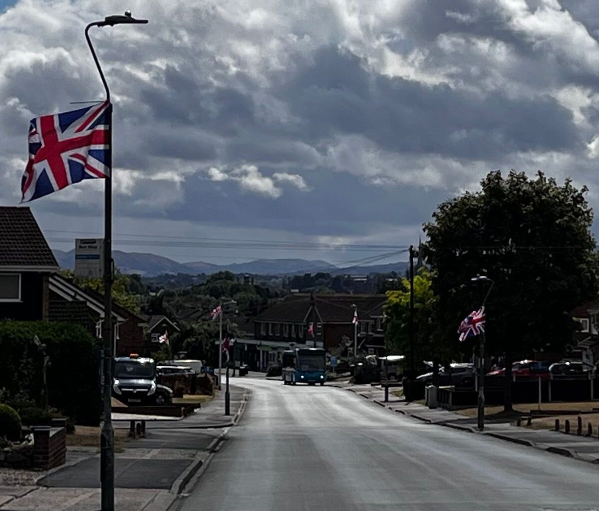 British and English flags have been unfurled on lamp posts in Mount Pleasant Road, Shrewsbury