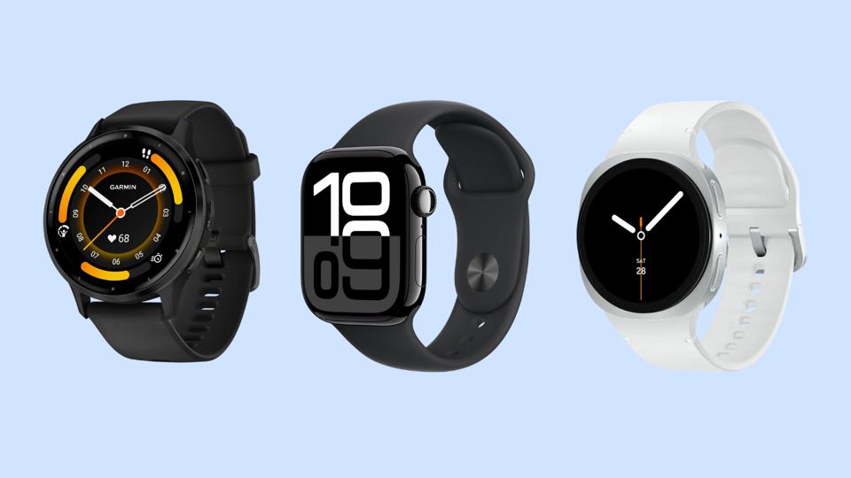 Three smartwatches against a light blue background.