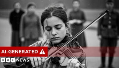 The photo is black and white. A young girl in striped pyjamas plays the violin looking down.