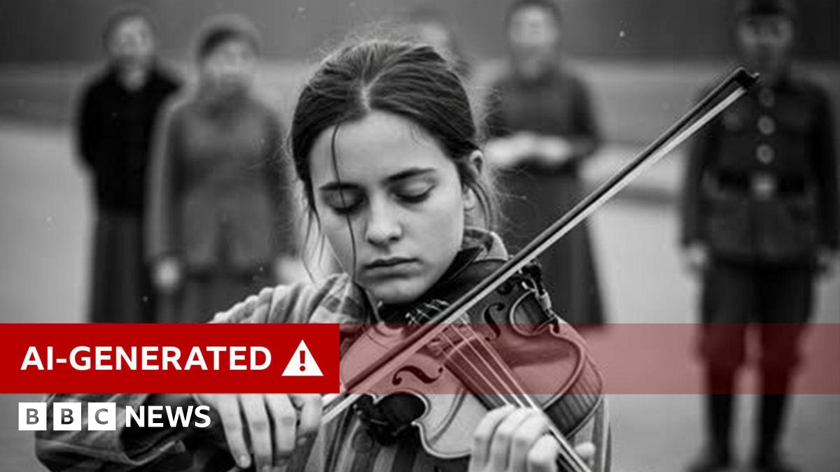 The photo is black and white. A young girl in striped pyjamas plays the violin looking down.