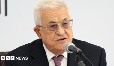 Picture shows Mahmoud Abbas - an older man with white hair, glasses and a greying moustache dressed in a suit and tie - speaking into a microphone in front of a white background.
