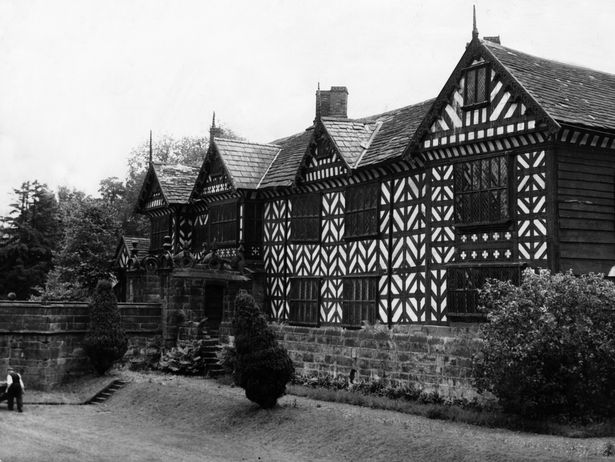 Exterior view of Speke Hall, the 16th century wood framed wattle and daub Tudor manor house in Speke