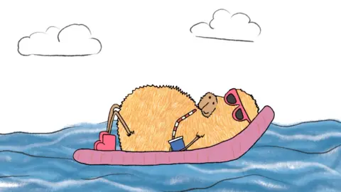 Hoo Zoo A scene from an animated cartoon. An orange capybara is wearing pink boots and pink sunglasses, holding a blue cup and sipping from a red and white straw. She is reclined on a pink pool float, which is floating on blue water.
