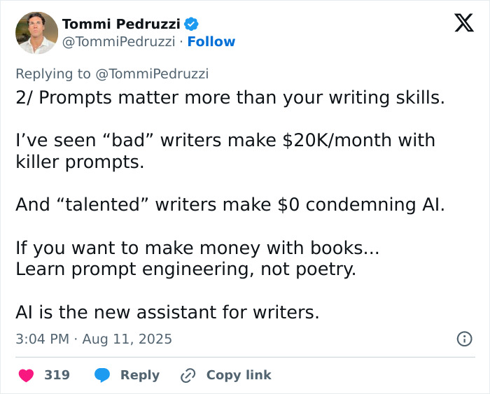 Tweet by Tommi Pedruzzi discussing how AI and prompt engineering help entrepreneurs make money publishing books.