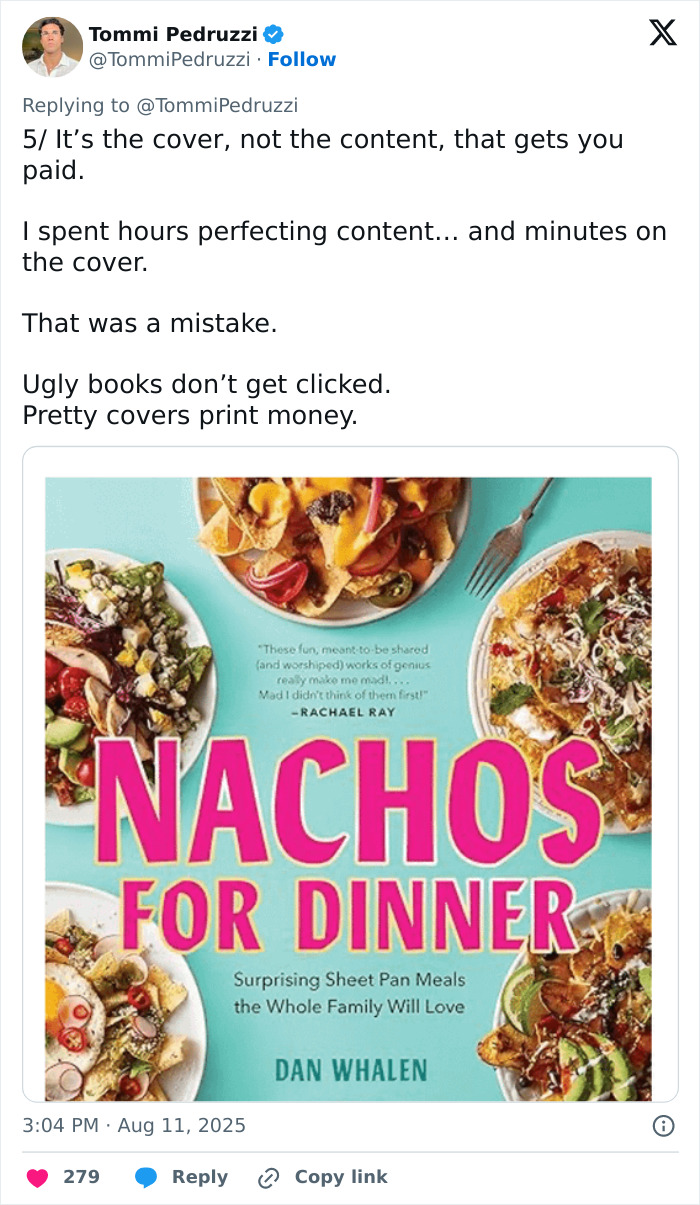 Twitter post by Tommi Pedruzzi sharing insights on book covers with a colorful cookbook image, related to AI book publishing entrepreneur.
