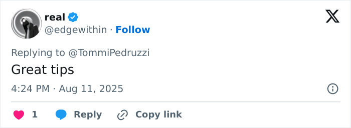 Screenshot of a tweet replying with Great tips on a social media platform, related to AI entrepreneur success.
