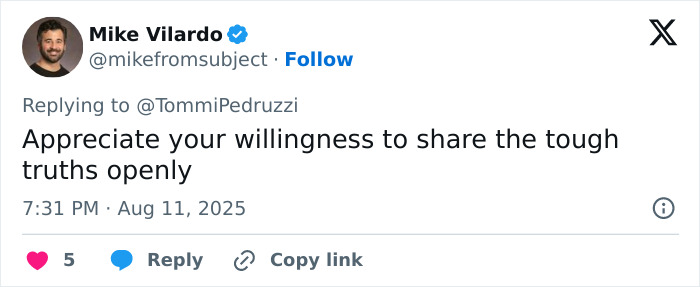 Screenshot of a tweet by Mike Vilardo appreciating openness about tough truths in a discussion about AI book publishing.