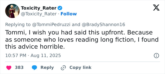 Tweet from verified user Toxicity_Rater criticizing advice about reading long fiction, expressing disappointment and frustration.