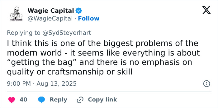 Twitter reply discussing modern world problems, mentioning craftsmanship and skill versus making money using AI for publishing books.