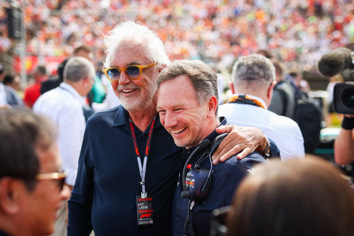 Flavio Briatore and Christian Horner embrace on the grid