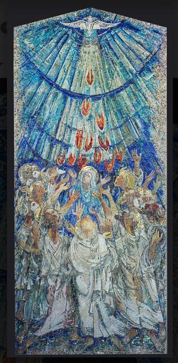 The cascades of fire on the Pentecost as depicted by artist George Mayer-Marton. This mural was saved from a church in Netherton that was demolished. It is now installed in the Liverpool Metropolitan Cathedral.
