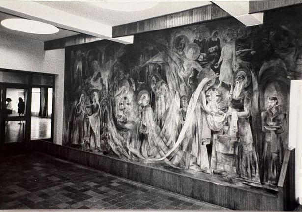 How the mural looked in the foyer of St Ambrose Barlow RC High in Swinton.