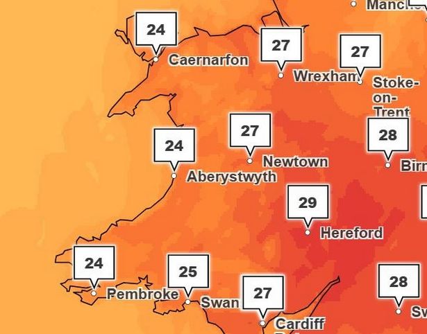 Wales map with red and orange temperatures